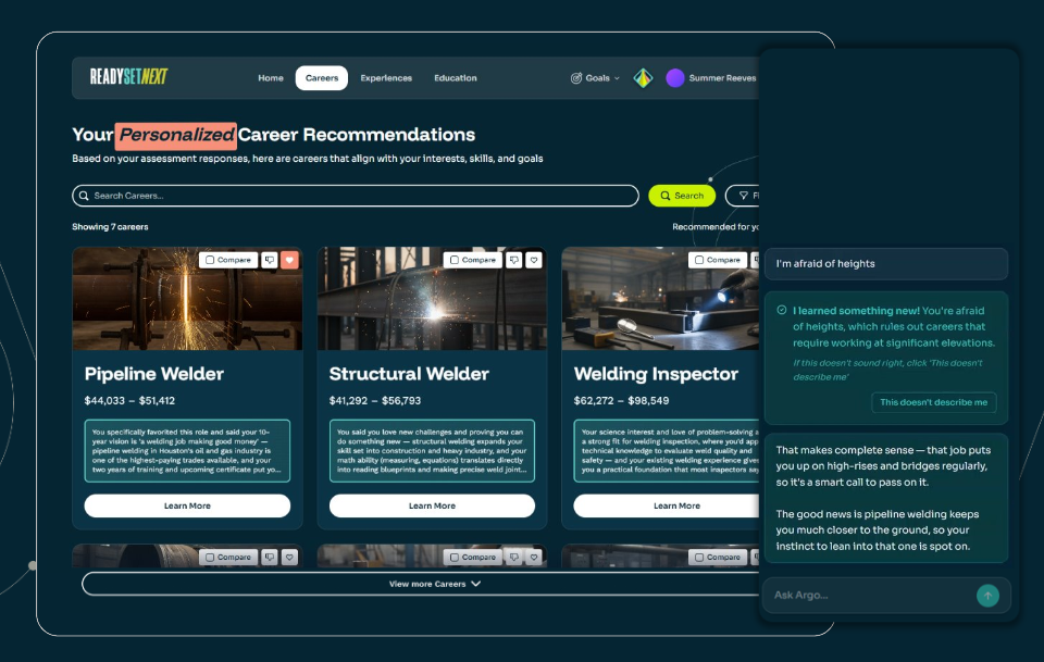 Ready Set Next website view - career recommendations page